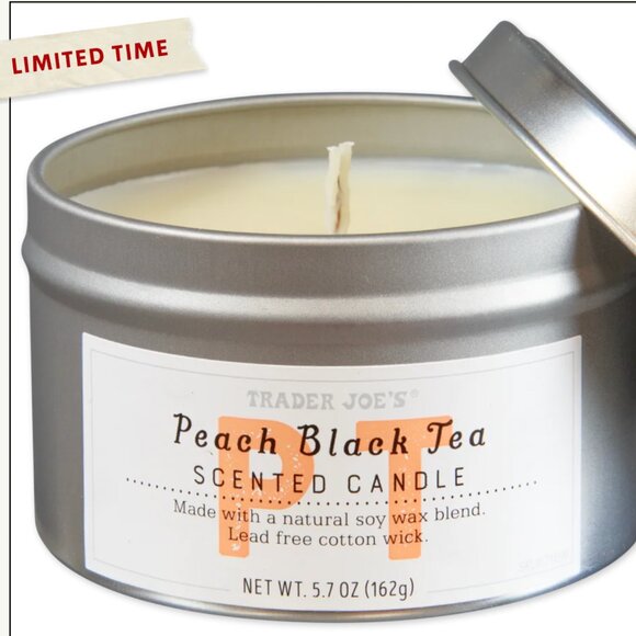 NWT, Trader Joe's Peach Black Tea Scented Coconut-Soy Wax Candle, 5.7 Ounces - Picture 1 of 11